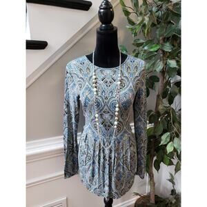 J Jill Wearever Tunic Top Women XS Blue Black Paisley Rayon Stretch Boho Casual